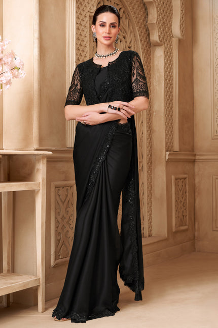 Black Satin Georgette Saree