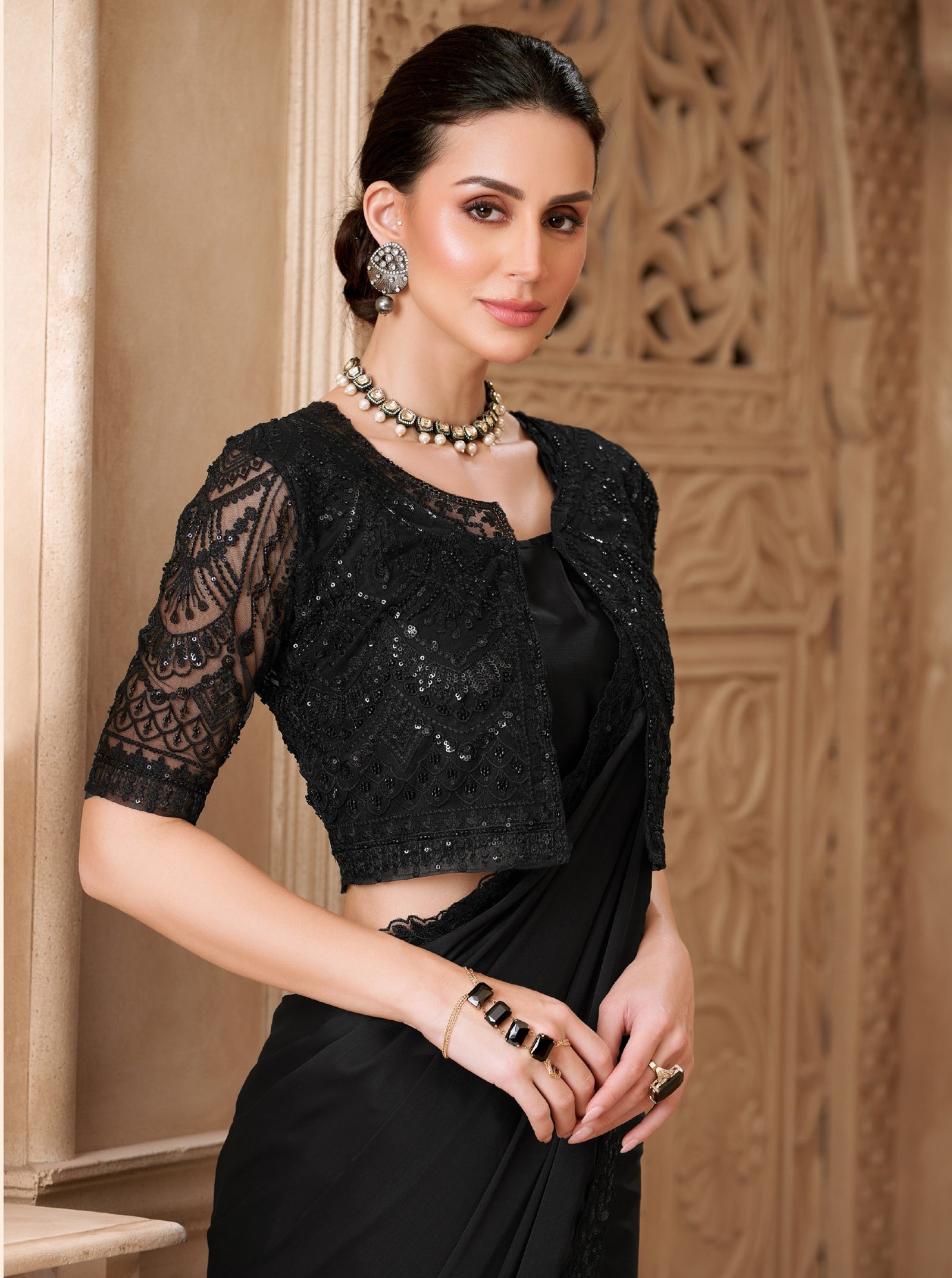 Black Satin Georgette Saree