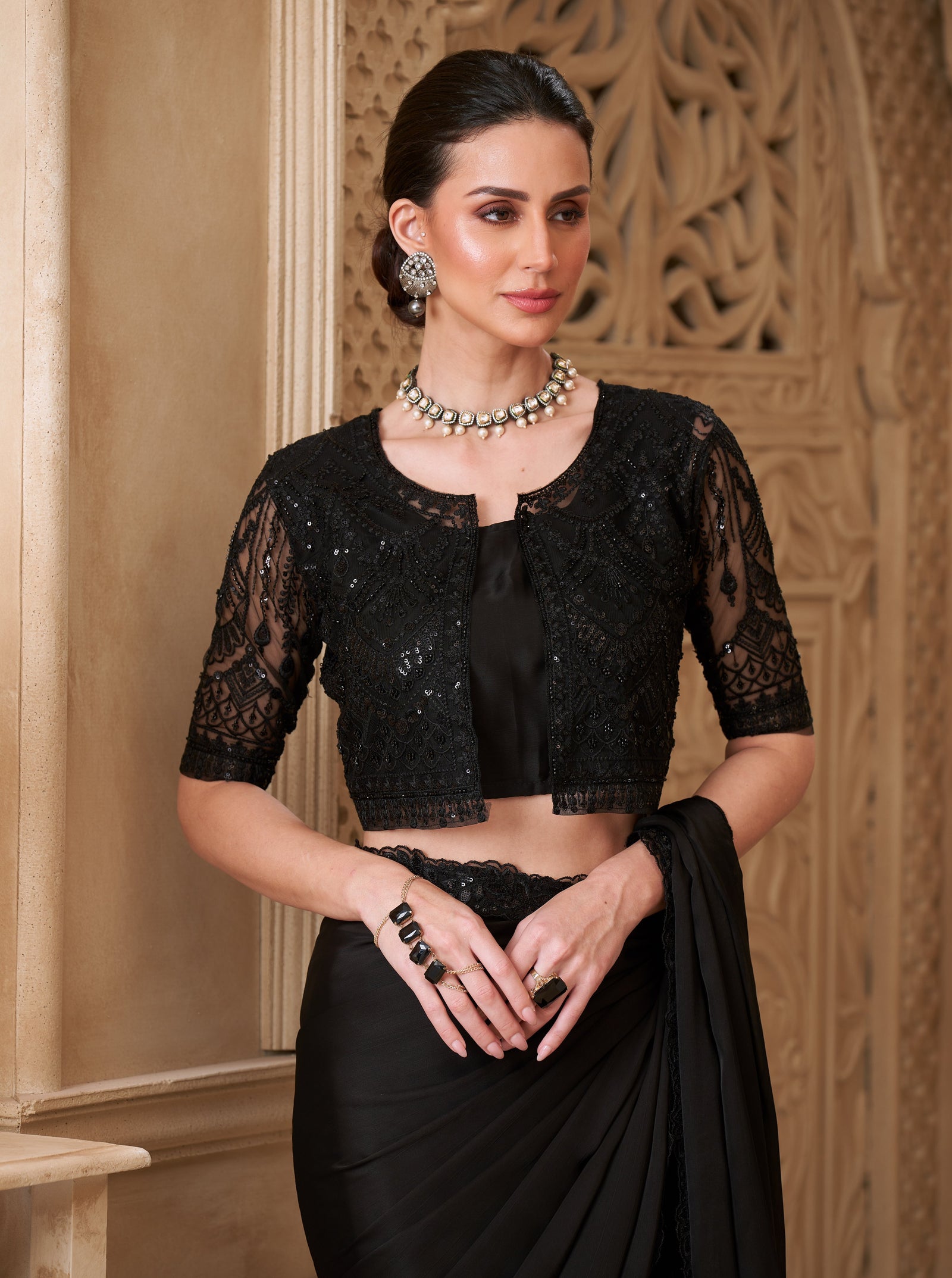 Black Satin Georgette Saree