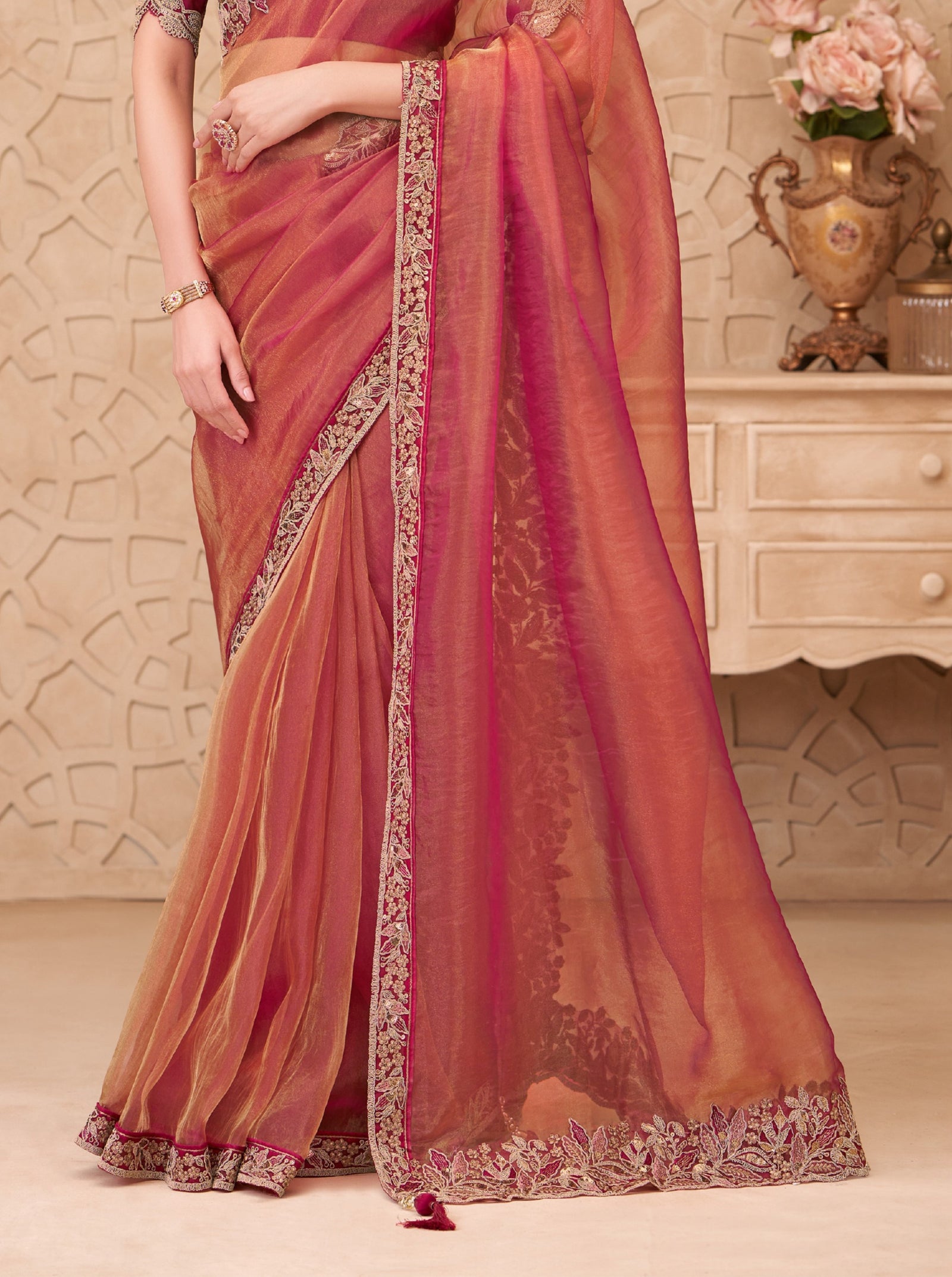 Gold Sparkle Georgette Silk Saree with Satin Silk Blouse