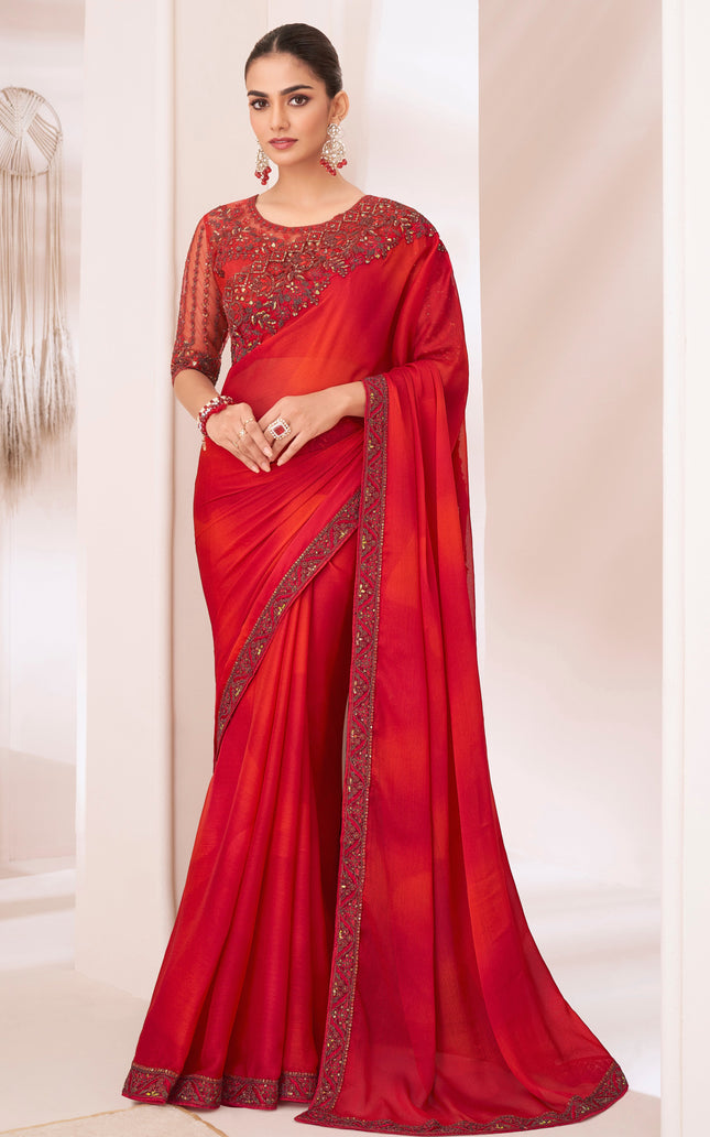 Red Solid Poly Chiffon Saree with Poly Silk Blouse