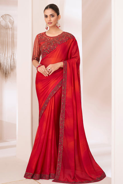 Red Solid Poly Chiffon Saree with Poly Silk Blouse
