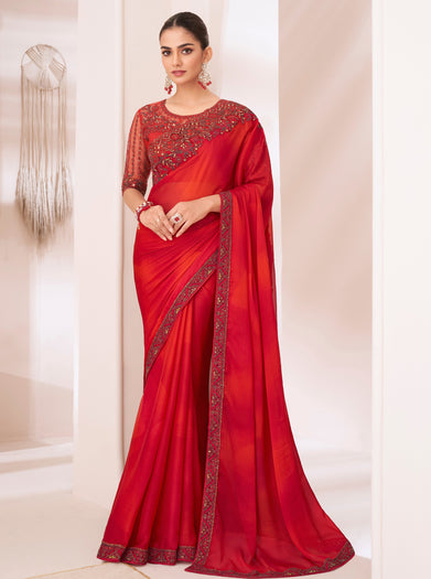 Red Solid Poly Chiffon Saree with Poly Silk Blouse