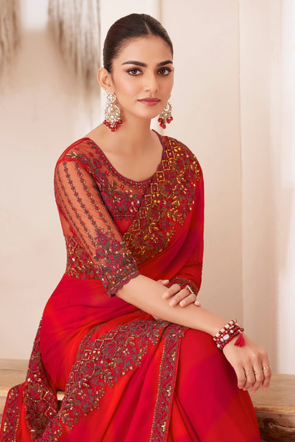 Red Solid Poly Chiffon Saree with Poly Silk Blouse