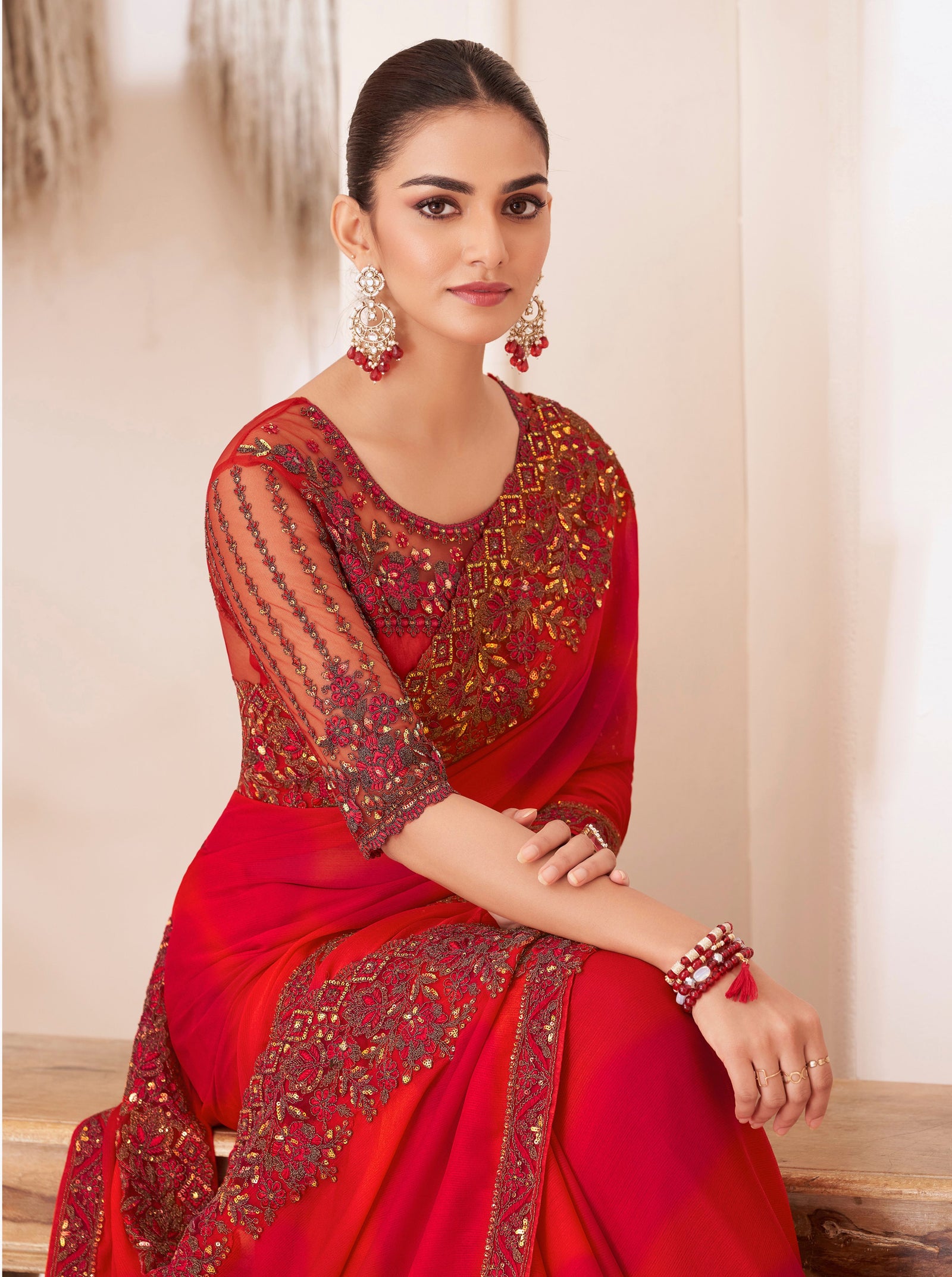 Red Solid Poly Chiffon Saree with Poly Silk Blouse