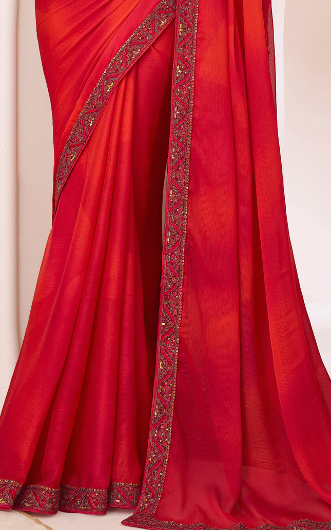 Red Solid Poly Chiffon Saree with Poly Silk Blouse
