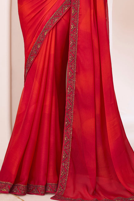 Red Solid Poly Chiffon Saree with Poly Silk Blouse