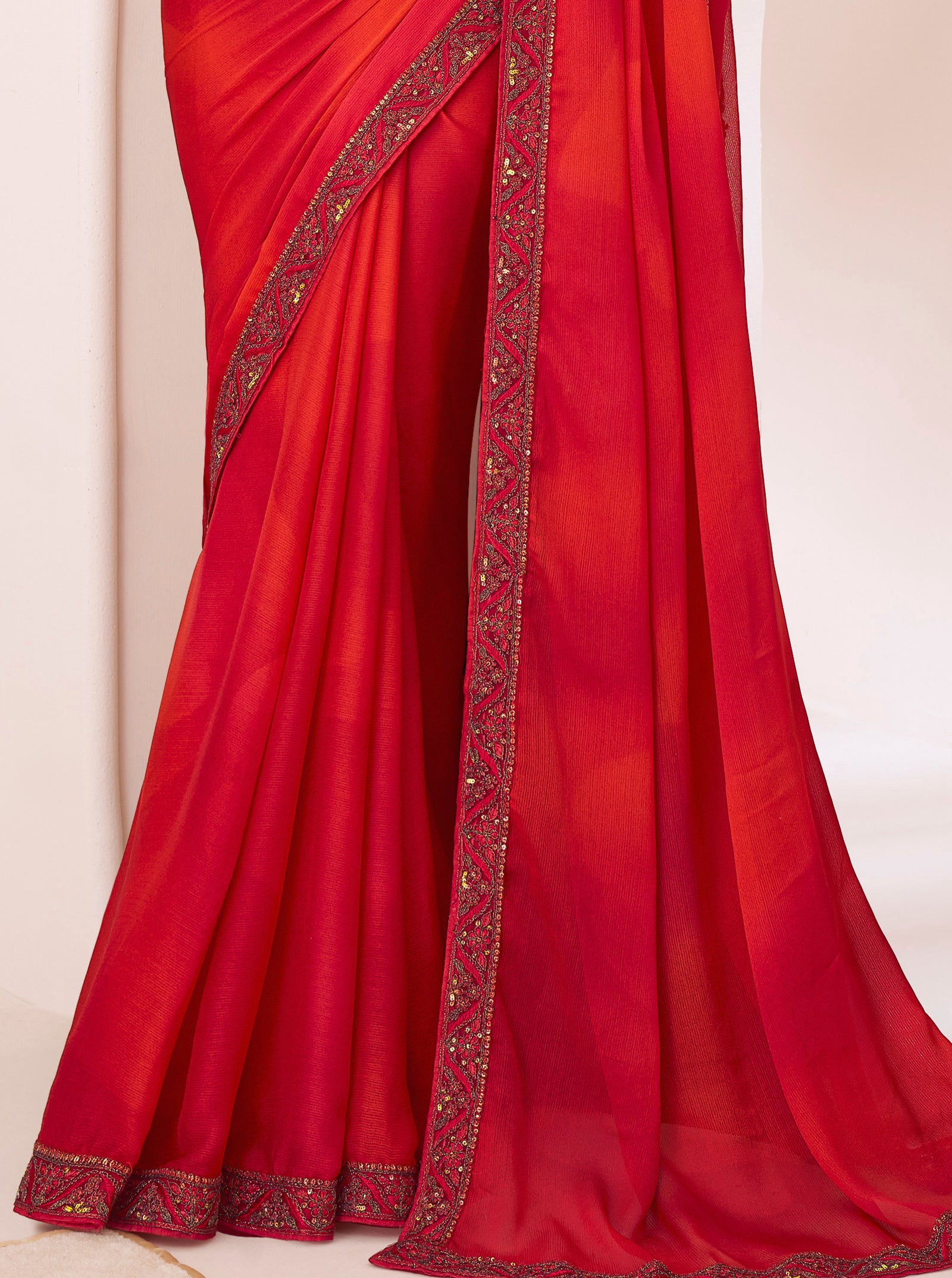 Red Solid Poly Chiffon Saree with Poly Silk Blouse