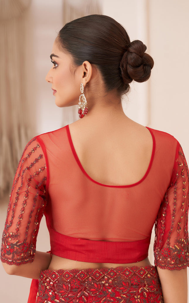 Red Solid Poly Chiffon Saree with Poly Silk Blouse