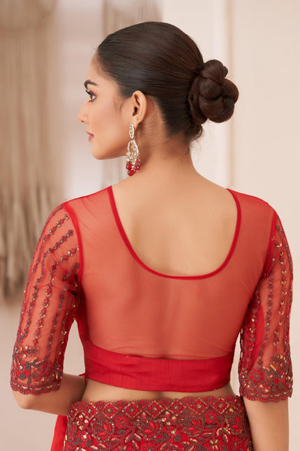 Red Solid Poly Chiffon Saree with Poly Silk Blouse