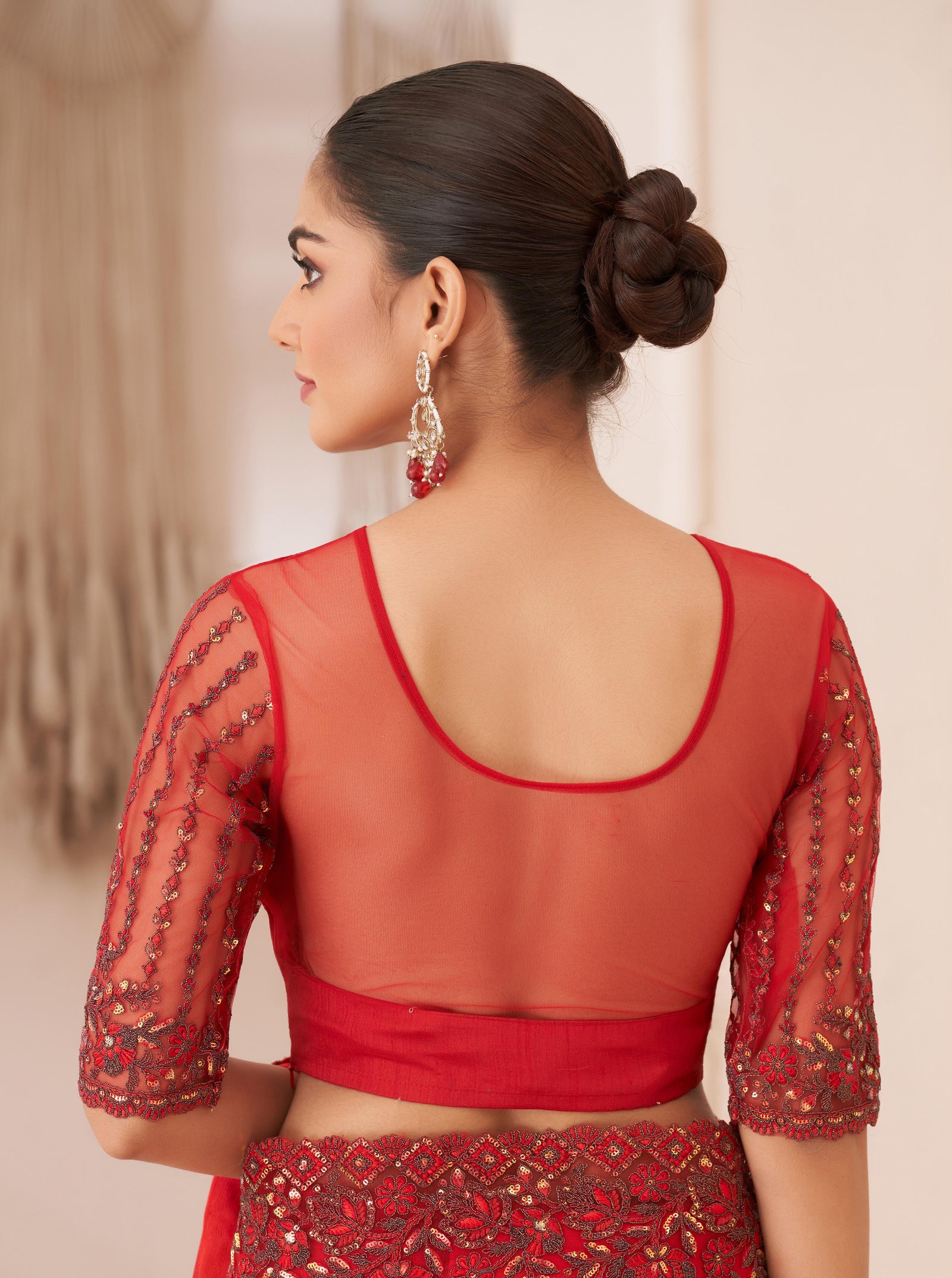 Red Solid Poly Chiffon Saree with Poly Silk Blouse