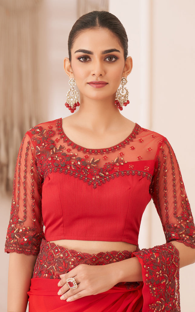 Red Solid Poly Chiffon Saree with Poly Silk Blouse