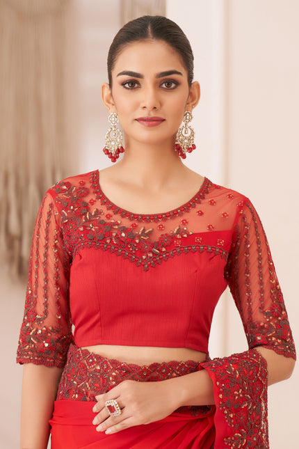 Red Solid Poly Chiffon Saree with Poly Silk Blouse