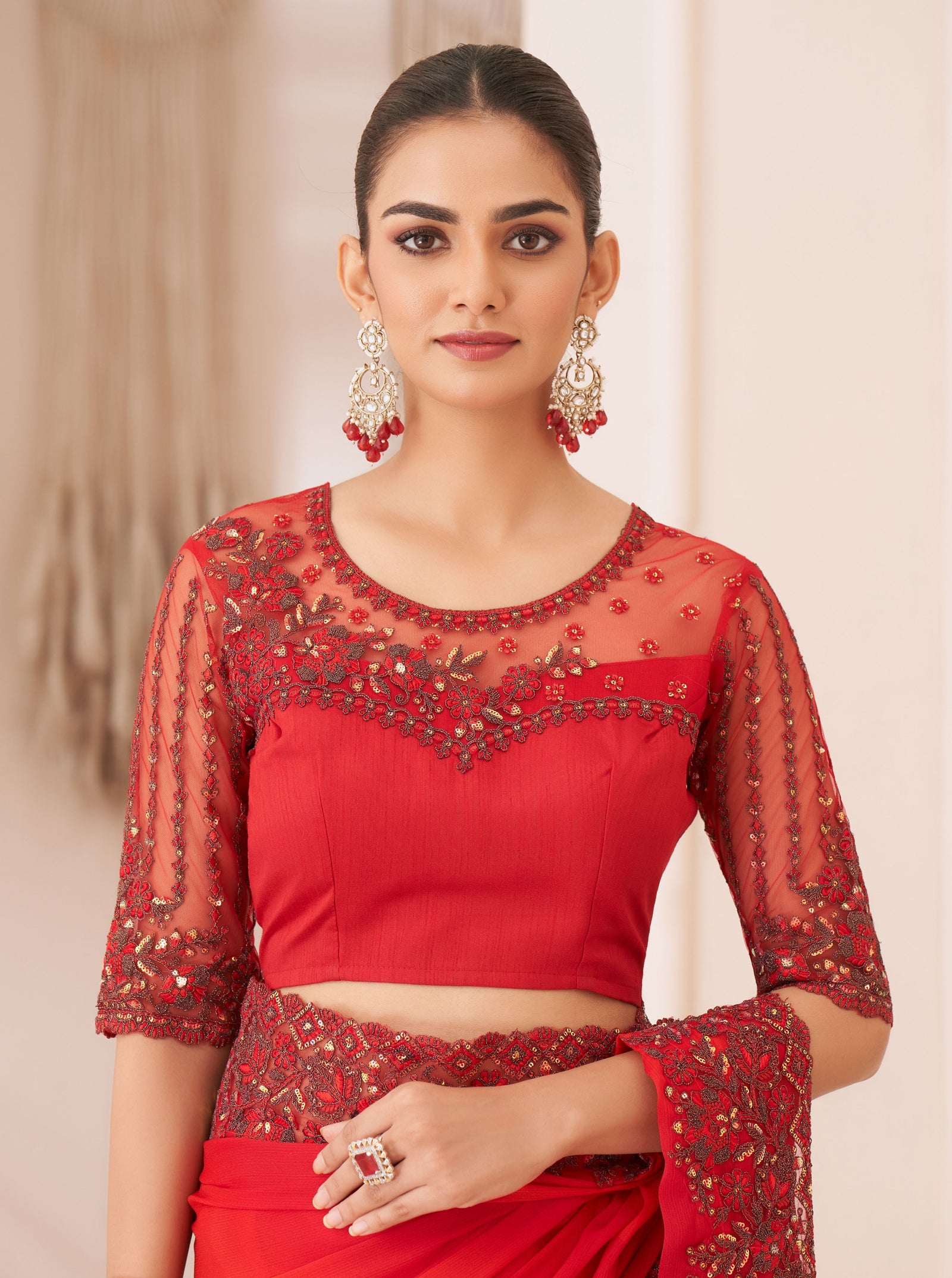 Red Solid Poly Chiffon Saree with Poly Silk Blouse