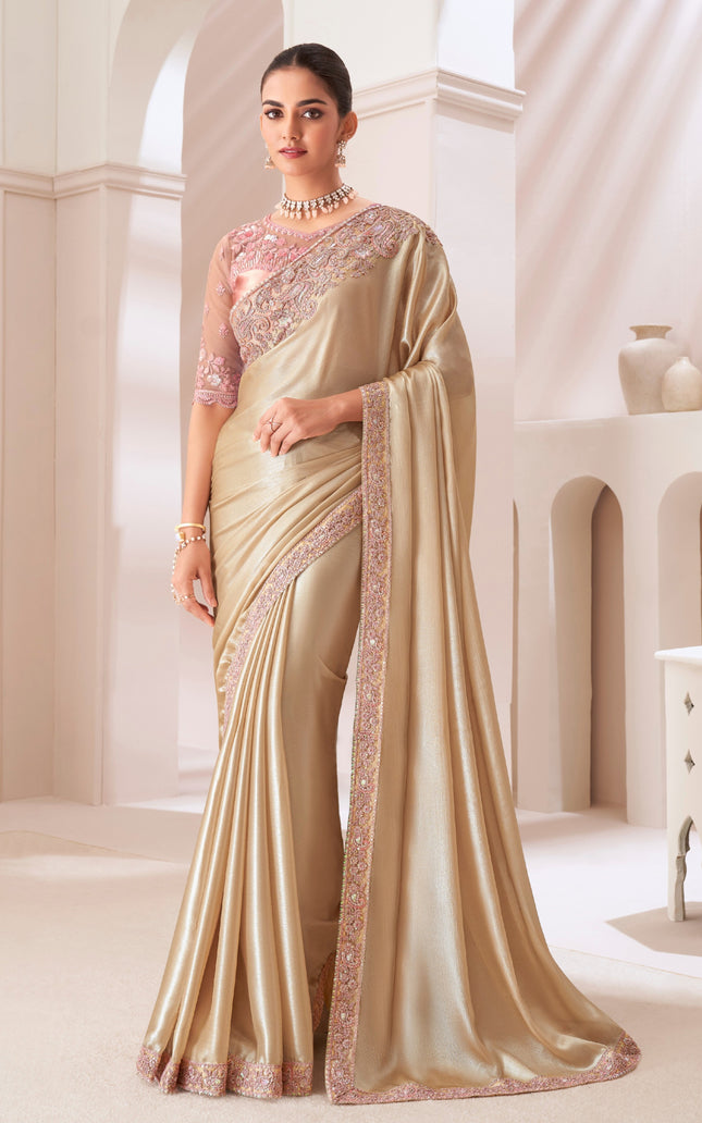 Gold Solid Poly Chiffon Saree with Satin Blouse