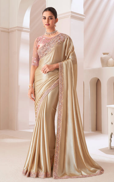 Gold Solid Poly Chiffon Saree with Satin Blouse