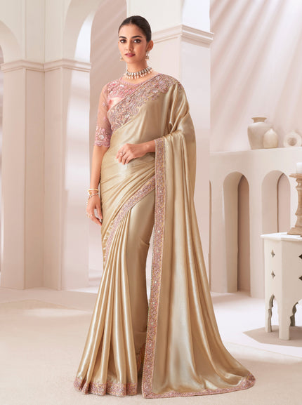 Gold Solid Poly Chiffon Saree with Satin Blouse
