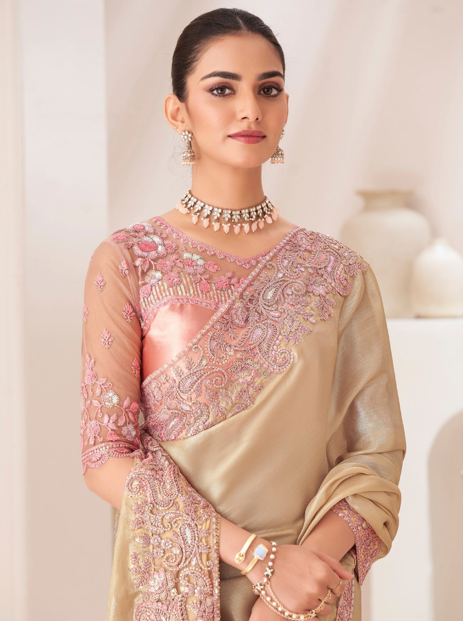 Gold Solid Poly Chiffon Saree with Satin Blouse