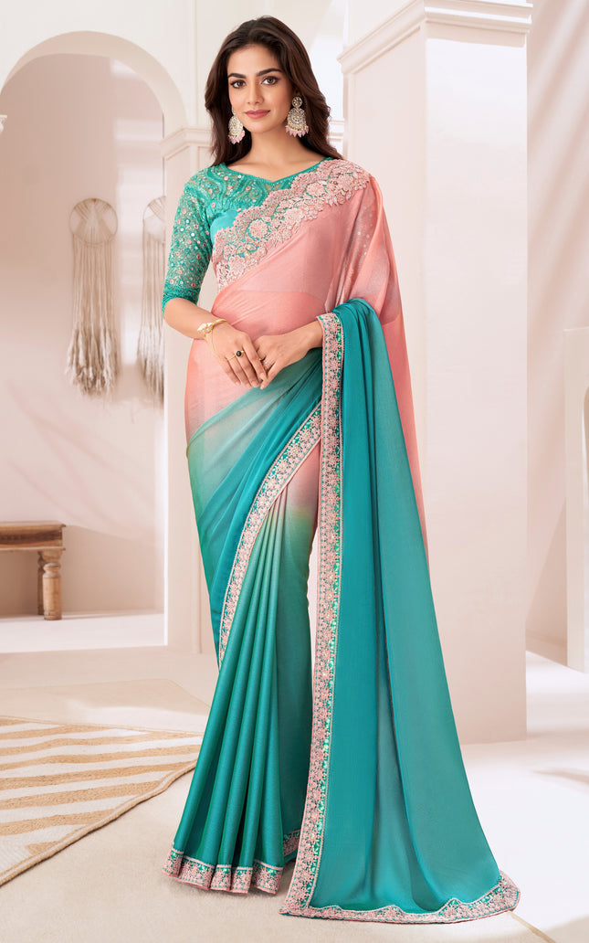 Sea Green Solid Poly Chiffon Saree with Poly Silk Blouse