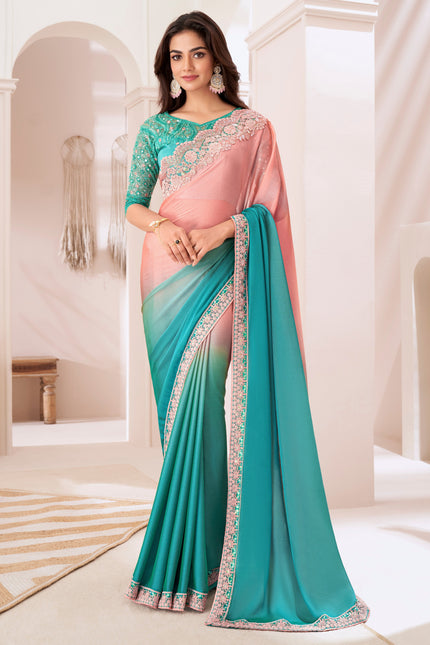Sea Green Solid Poly Chiffon Saree with Poly Silk Blouse