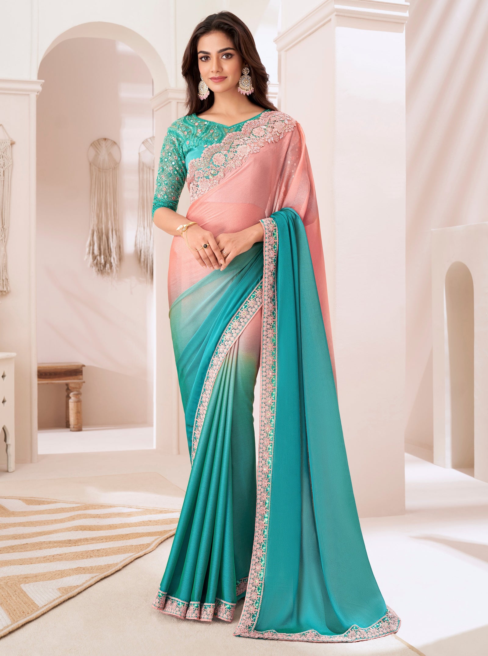 Sea Green Solid Poly Chiffon Saree with Poly Silk Blouse