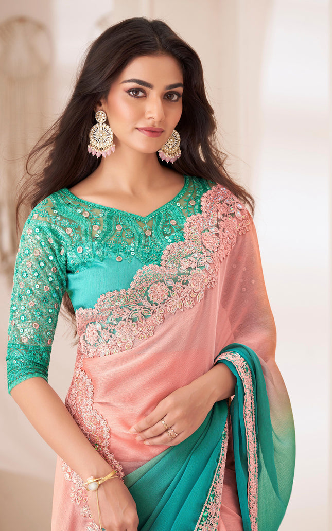 Sea Green Solid Poly Chiffon Saree with Poly Silk Blouse