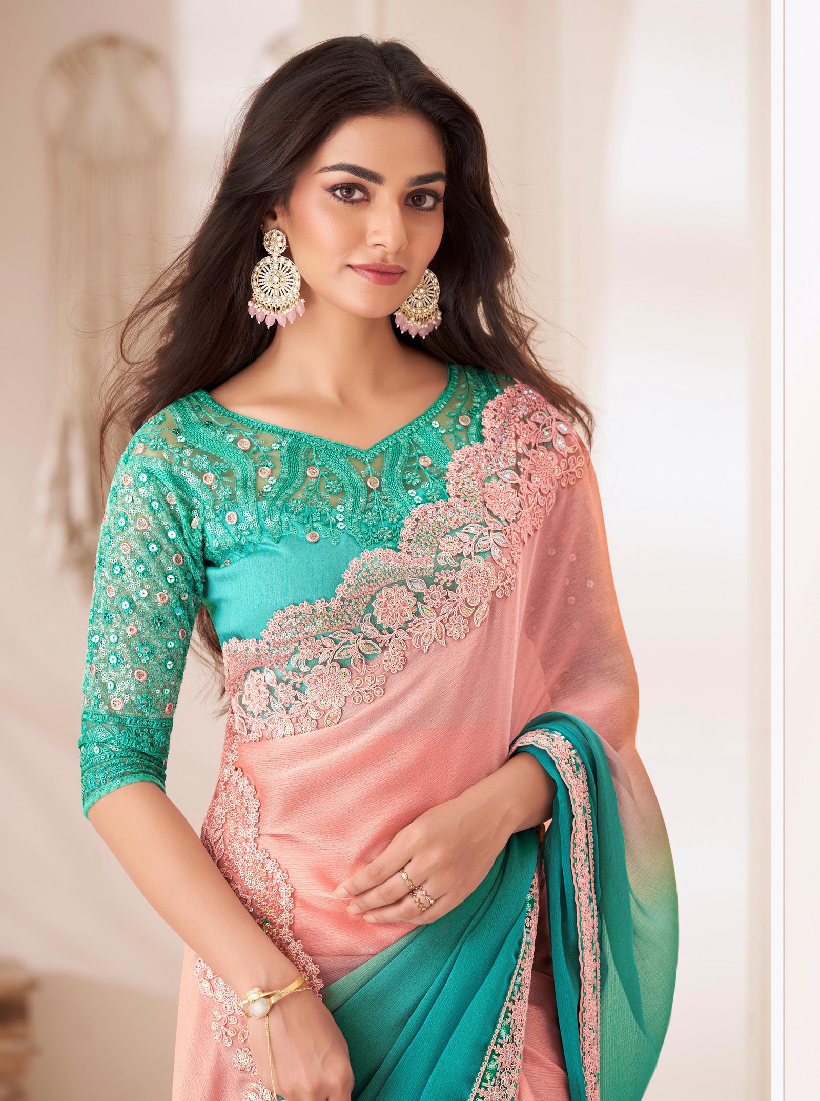 Sea Green Solid Poly Chiffon Saree with Poly Silk Blouse