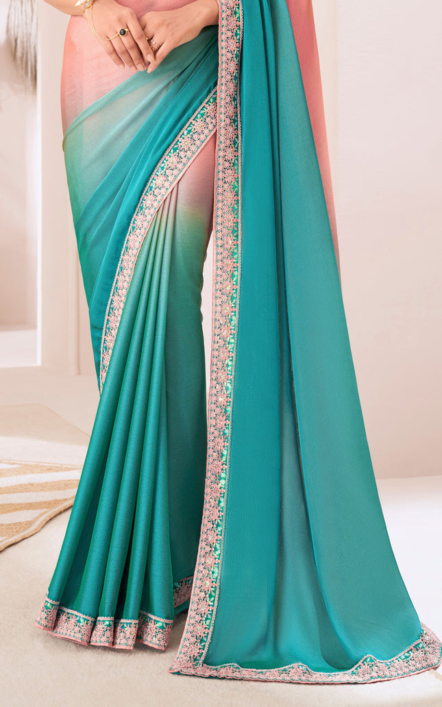 Sea Green Solid Poly Chiffon Saree with Poly Silk Blouse