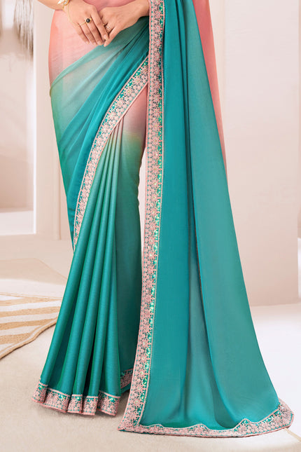 Sea Green Solid Poly Chiffon Saree with Poly Silk Blouse