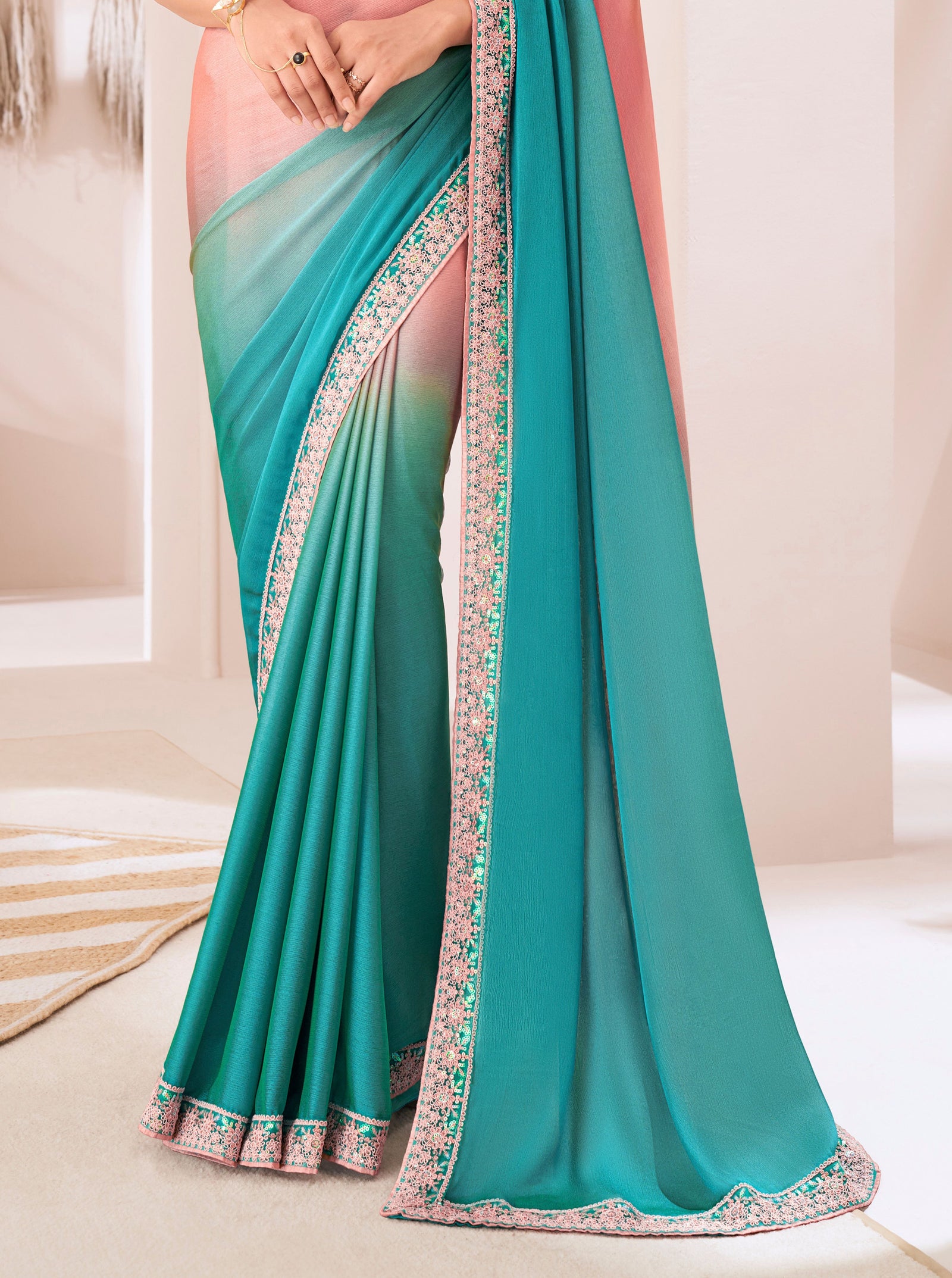 Sea Green Solid Poly Chiffon Saree with Poly Silk Blouse