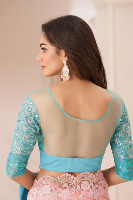 Sea Green Solid Poly Chiffon Saree with Poly Silk Blouse