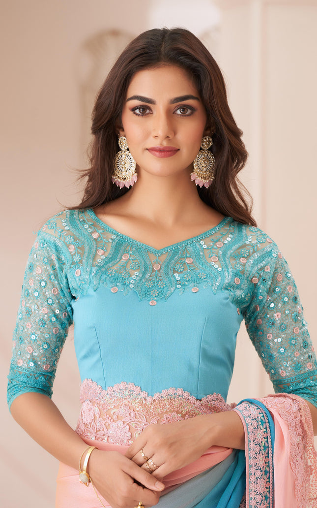 Sea Green Solid Poly Chiffon Saree with Poly Silk Blouse