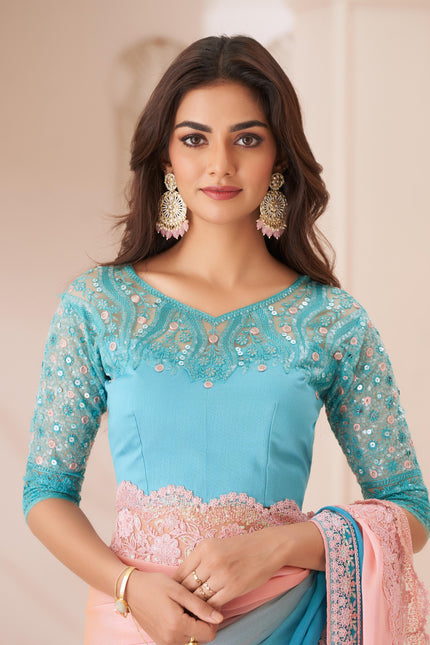 Sea Green Solid Poly Chiffon Saree with Poly Silk Blouse