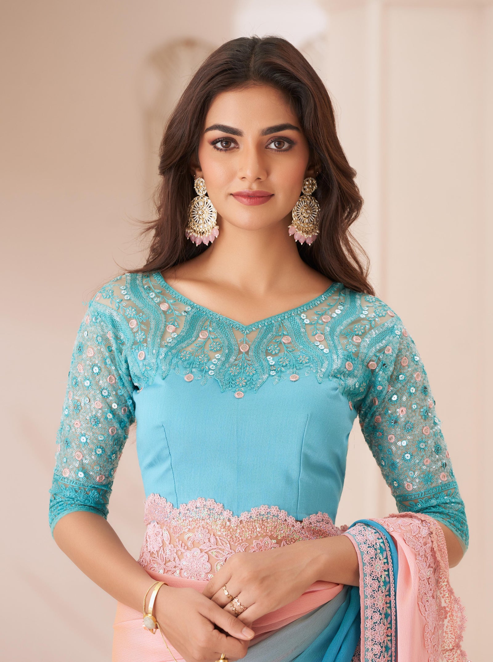 Sea Green Solid Poly Chiffon Saree with Poly Silk Blouse