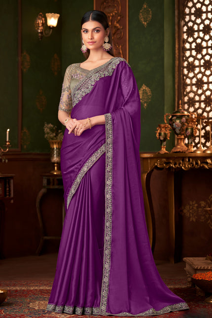 Purple Solid Poly Chiffon Saree with Poly Silk Blouse