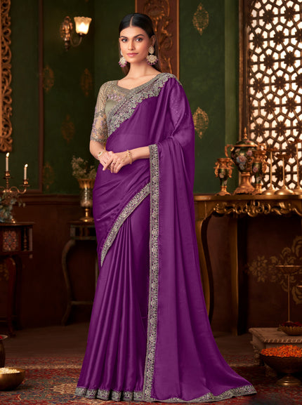 Purple Solid Poly Chiffon Saree with Poly Silk Blouse