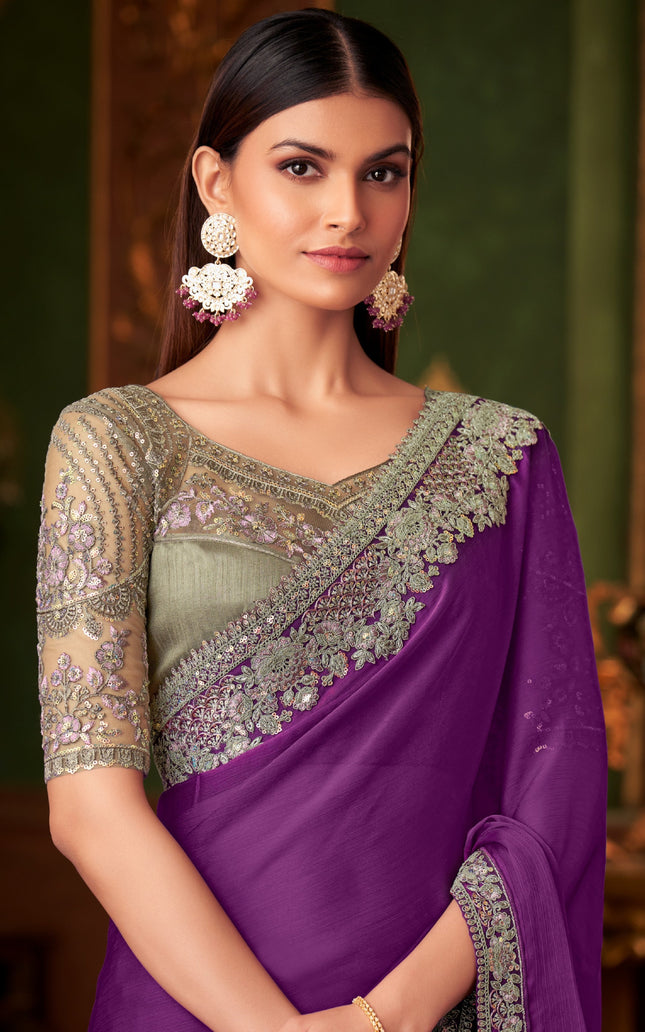 Purple Solid Poly Chiffon Saree with Poly Silk Blouse