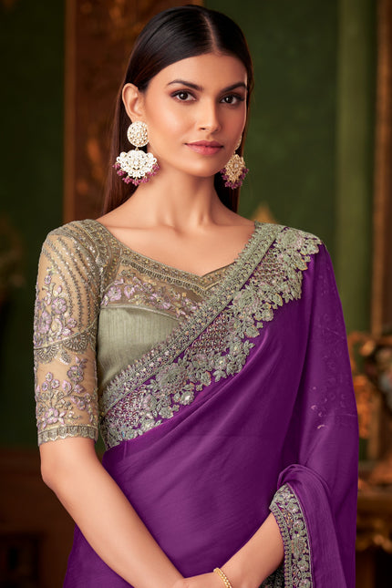 Purple Solid Poly Chiffon Saree with Poly Silk Blouse