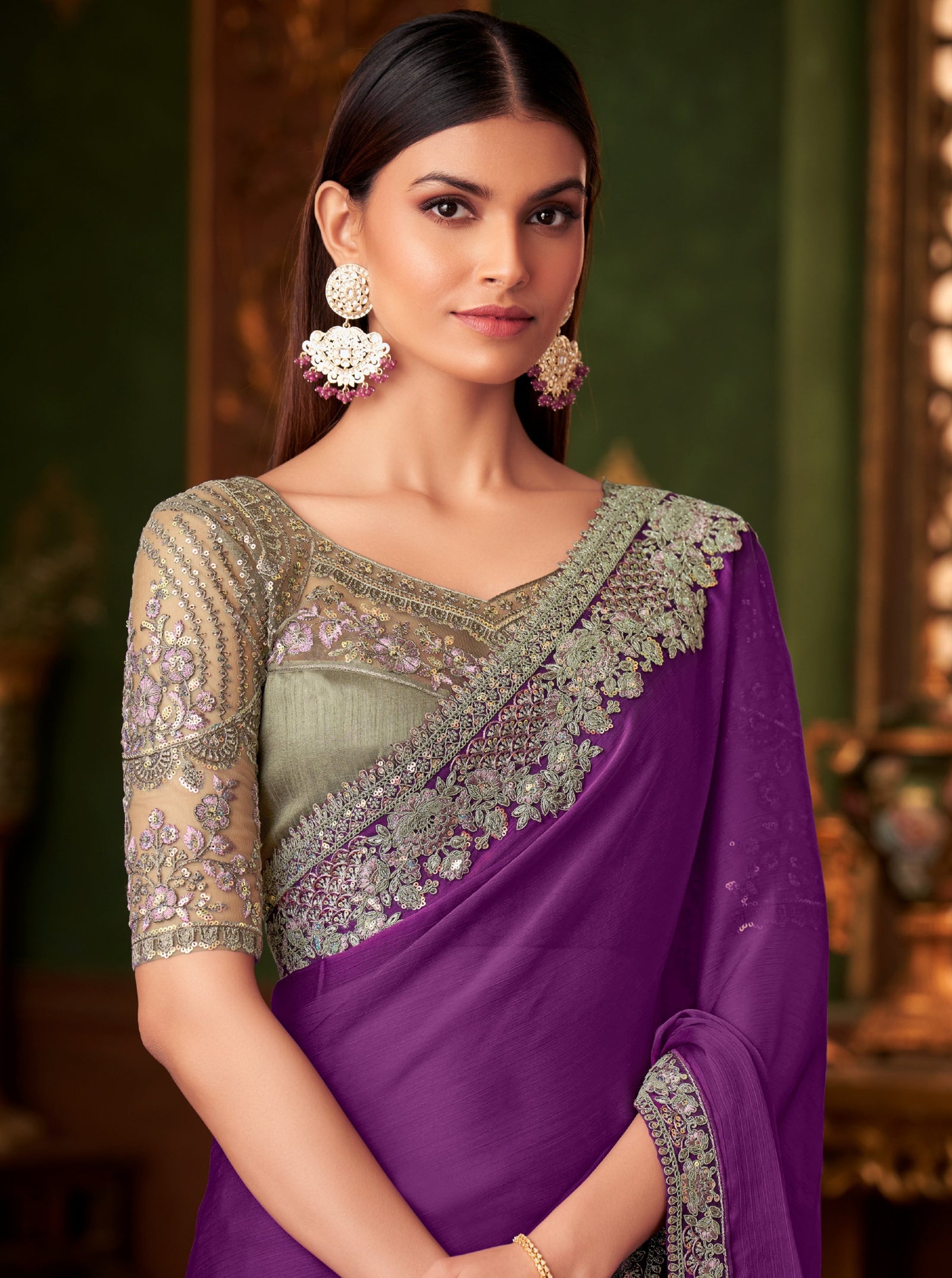 Purple Solid Poly Chiffon Saree with Poly Silk Blouse