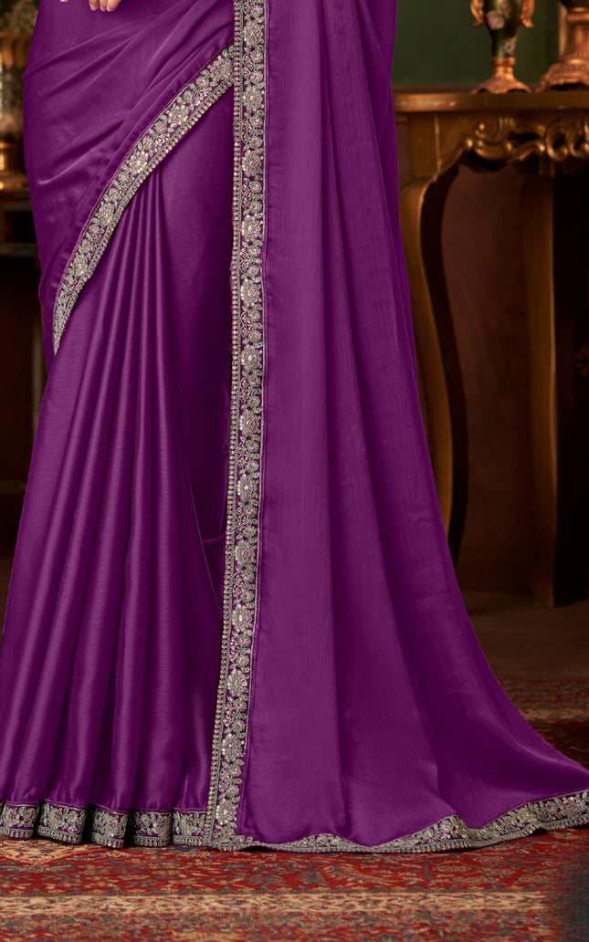 Purple Solid Poly Chiffon Saree with Poly Silk Blouse