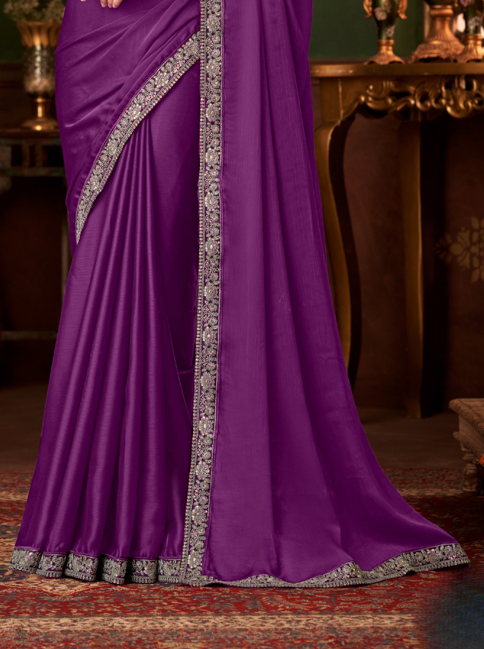 Purple Solid Poly Chiffon Saree with Poly Silk Blouse