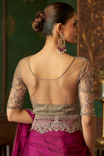 Purple Solid Poly Chiffon Saree with Poly Silk Blouse