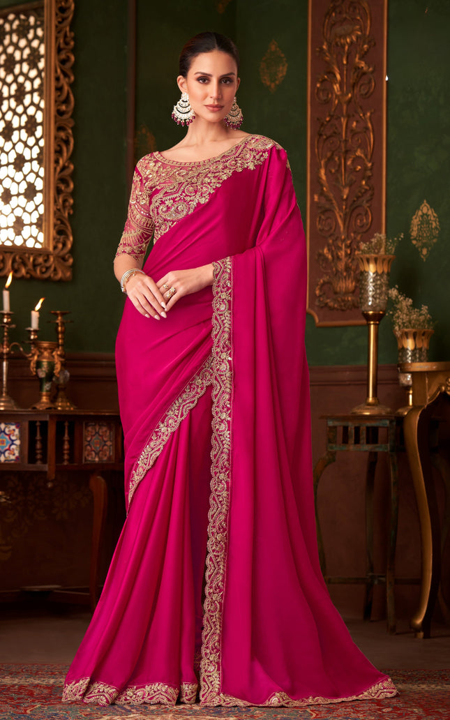 Pink Solid Poly Silk Saree with Satin Blouse