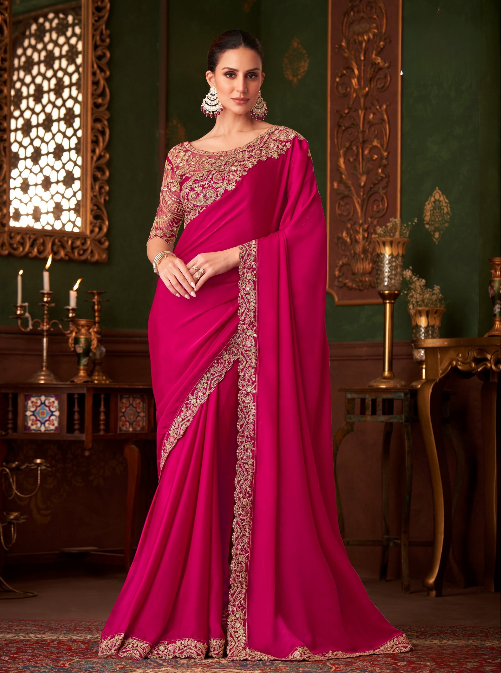 Pink Solid Poly Silk Saree with Satin Blouse