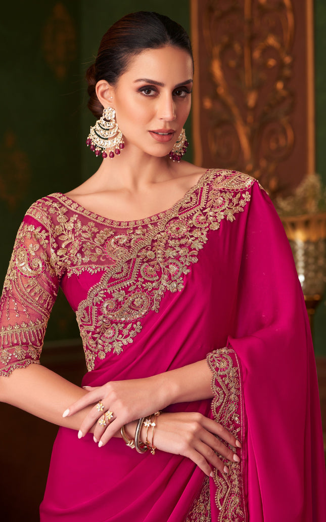 Pink Solid Poly Silk Saree with Satin Blouse