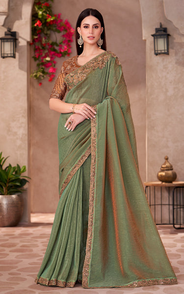 Golden Shine Georgette Saree with Linen Work Designer Blouse