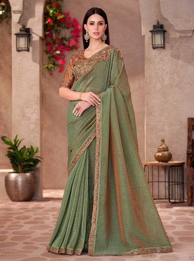 Golden Shine Georgette Saree with Linen Work Designer Blouse