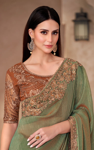 Golden Shine Georgette Saree with Linen Work Designer Blouse