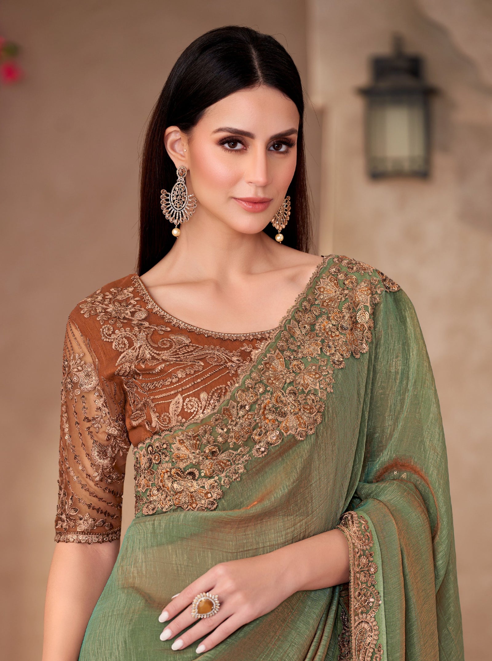 Golden Shine Georgette Saree with Linen Work Designer Blouse