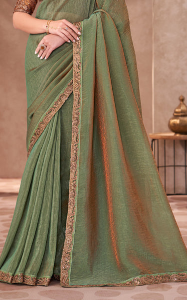 Golden Shine Georgette Saree with Linen Work Designer Blouse
